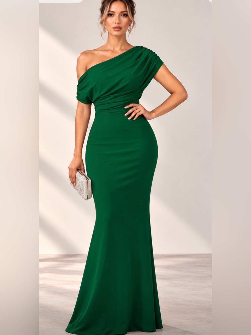 Off-Shoulder Maxi Evening Gown in Emerald Green